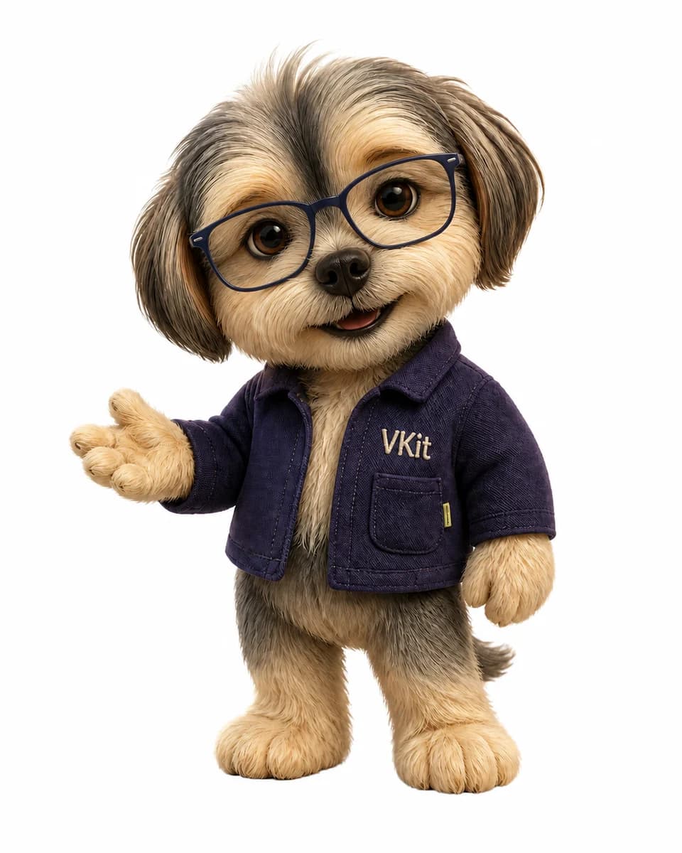 Dexter, a smiling grey-and-cream companion with indigo glasses and a VKit jacket