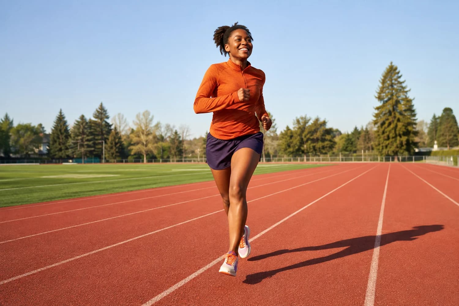 Running coach in an orange jacket warming up on a red track