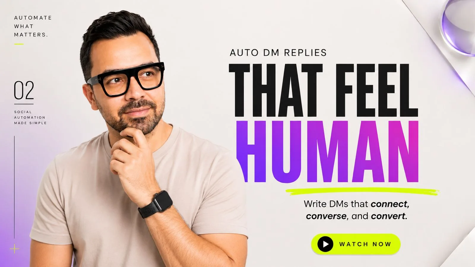 Cover art: a creator beside the headline “Auto DM replies that feel human — write DMs that connect, converse, and convert”