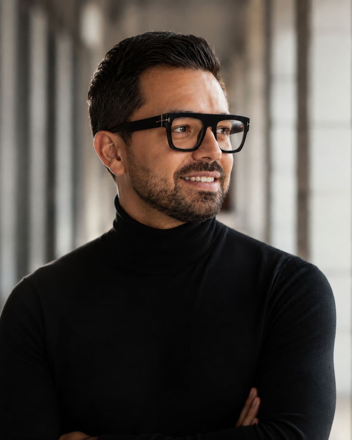 Portrait of Paul Khanna wearing glasses and a black turtleneck in a softly lit architectural setting.