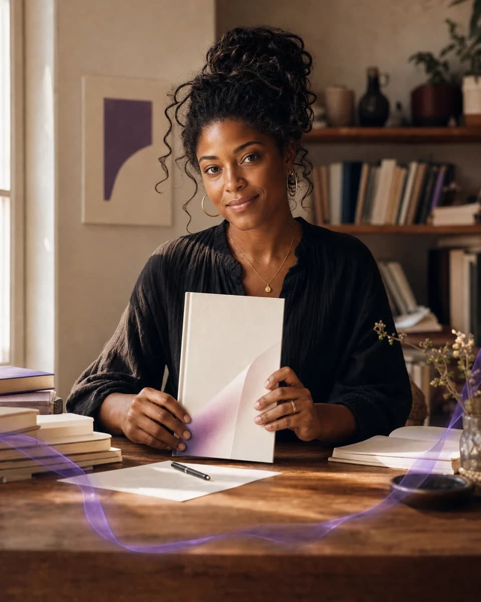 Author Nia Brooks reading beside a sunlit writing desk