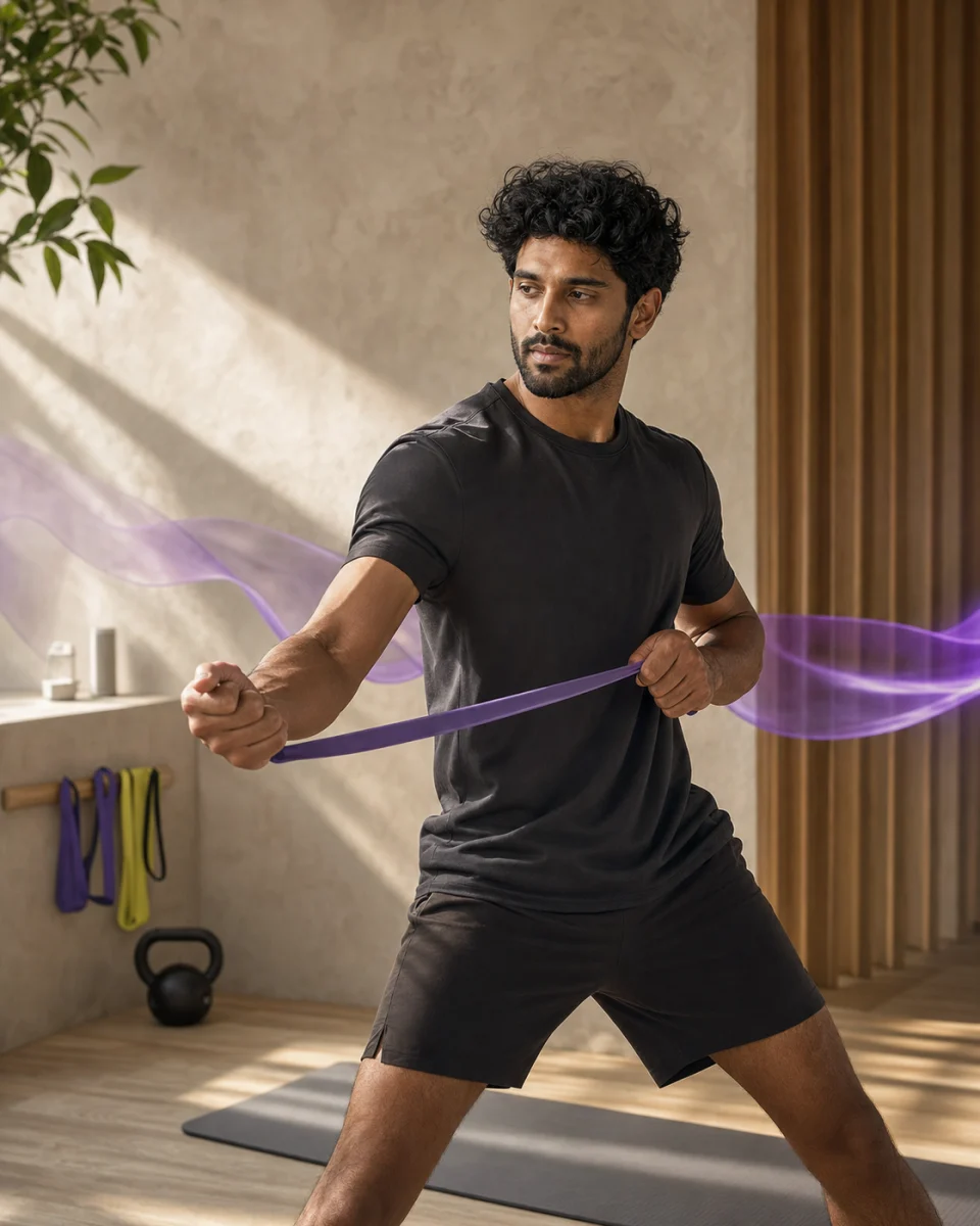 Fitness coach Amara demonstrating a resistance-band move in a bright strength studio