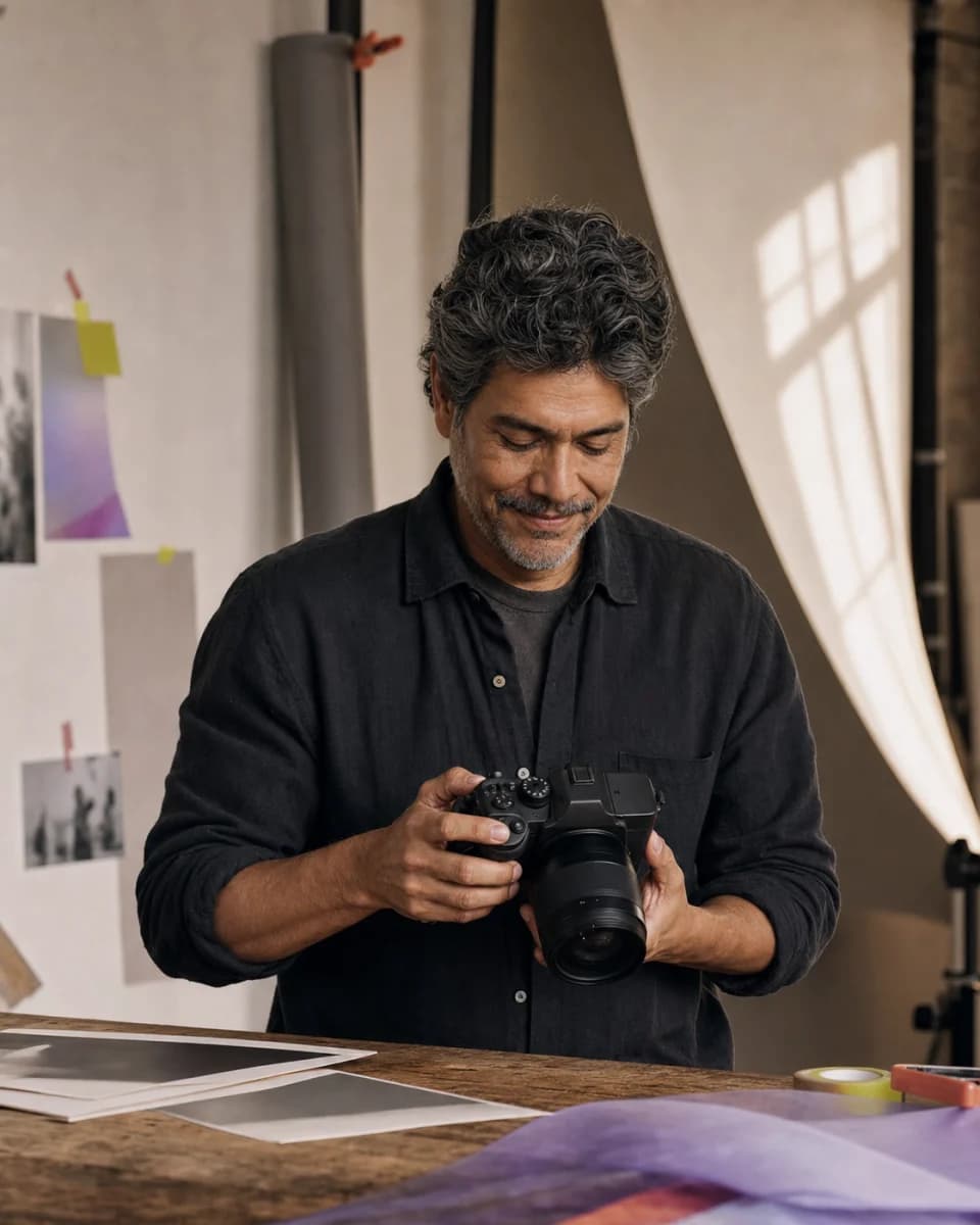 Photographer Rafael Cole reviewing a portrait in his daylight studio