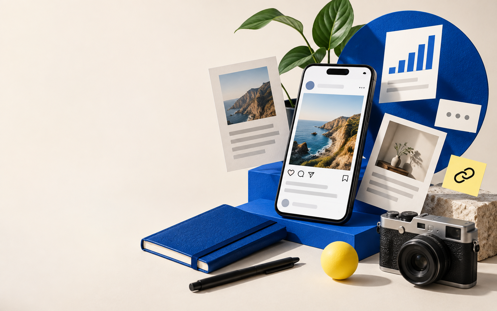 Creator publishing tools, article cards, analytics and a camera arranged on a cobalt studio set