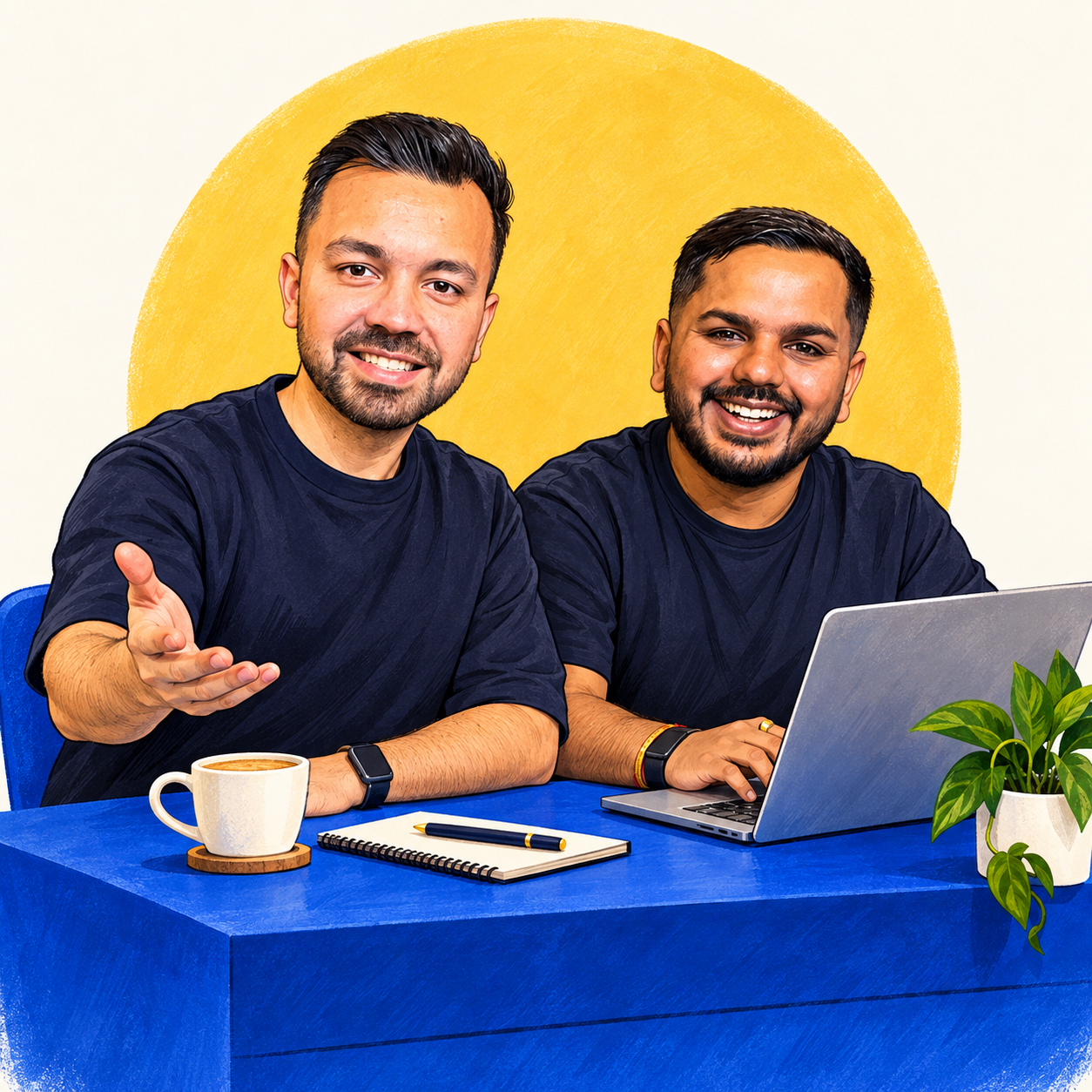 Caricature of vkit co-founders Utkarsh Varma and Parul Khanna together at a blue desk, ready to help