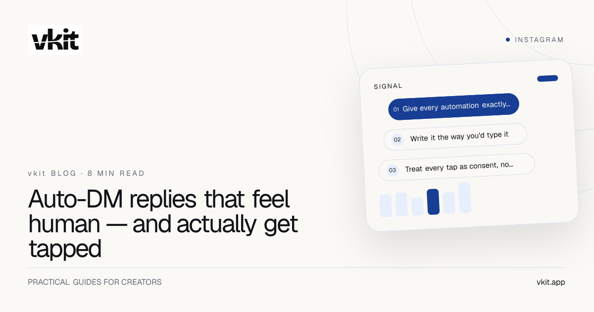 Cover art: a creator beside the headline “Auto DM replies that feel human — write DMs that connect, converse, and convert”