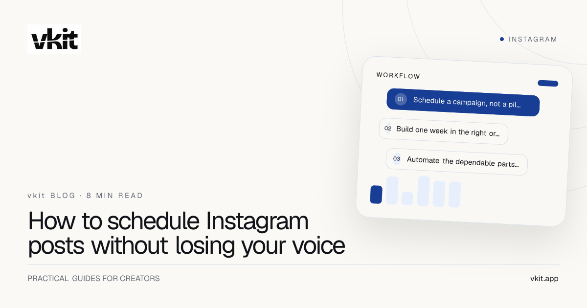 vkit editorial cover showing an Instagram publishing calendar beside a scheduled creator post