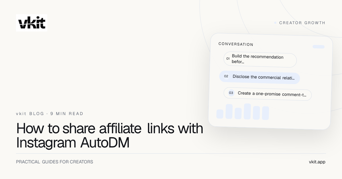 vkit guide showing a creator recommendation moving from an Instagram keyword comment to a disclosed affiliate link