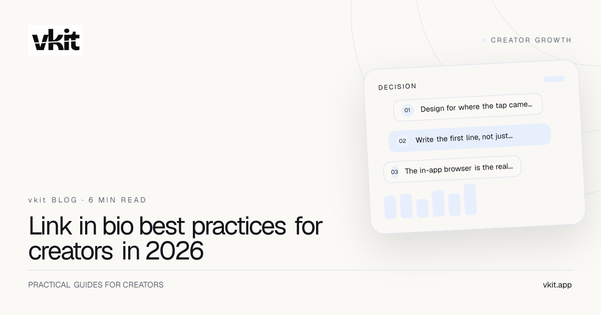 vkit cover card reading “Link in bio best practices for creators in 2026”