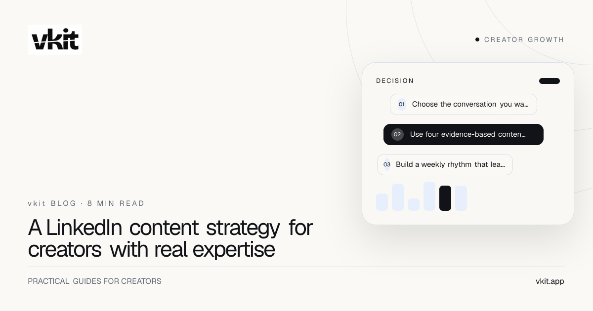 vkit editorial cover showing a creator turning work notes into a focused LinkedIn publishing system