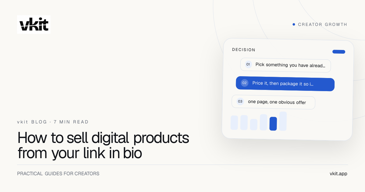 vkit cover card reading “How to sell digital products from your link in bio”