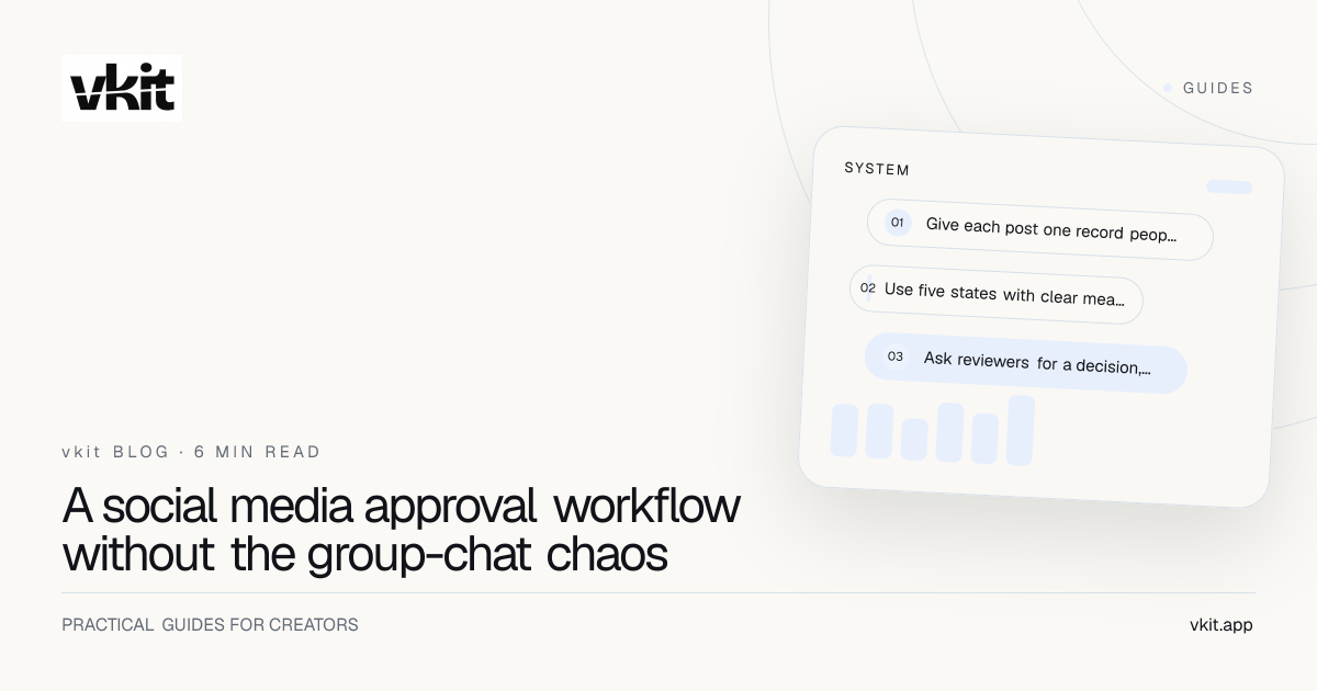 Blue editorial cover with the headline: A social media approval workflow without the group-chat chaos