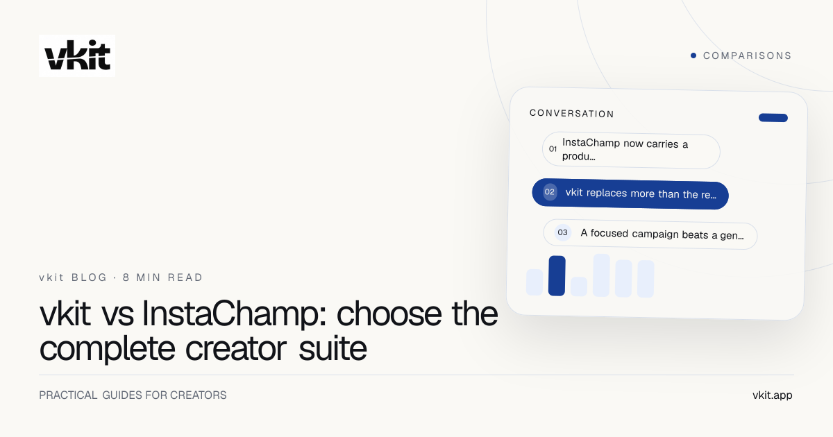 vkit and InstaChamp comparison cover with an Instagram comment, message and publishing calendar