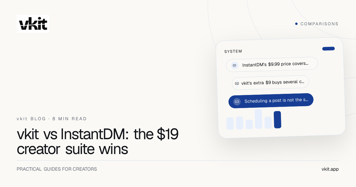 vkit and InstantDM comparison cover with an automation flow and connected creator toolkit