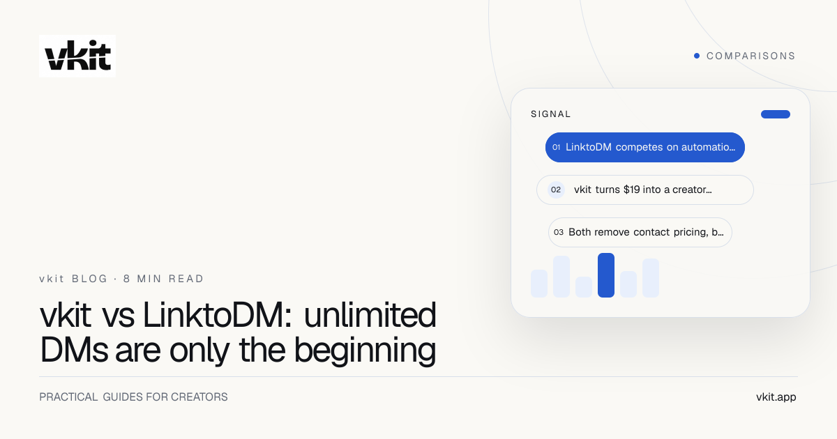 vkit and LinktoDM comparison cover with DM flow blocks beside a complete creator workflow