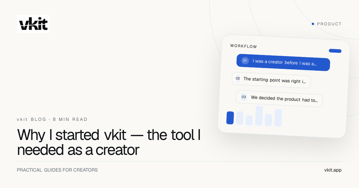 vkit founder story cover with clean cobalt typography and circular linework on a warm white background